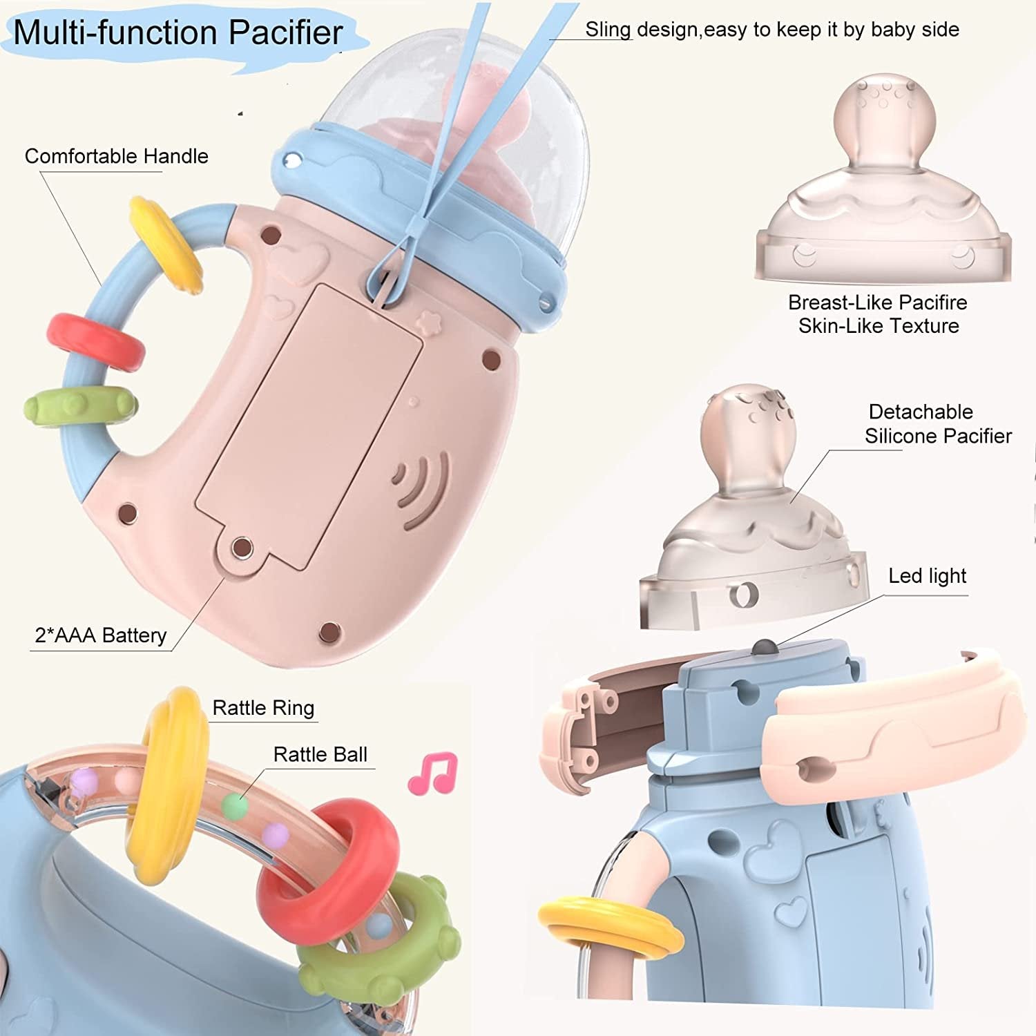 Dziecięce Zabawki Sensoryczne 4 W 1 Silikonowy Smoczek + Grzechotki + Świecące + Gryzak