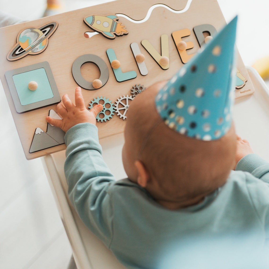 Personalizowane Imię Drewniana edukacyjna ruchliwa tablica na prezent urodzinowy - Niebieski