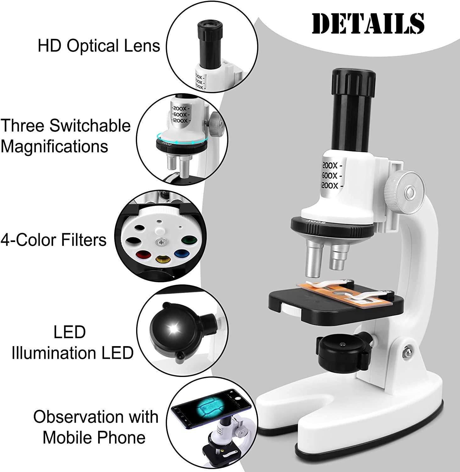 Zestaw Przenośnego Mikroskopu Dla Dzieci Z Oświetleniem LED I Podstawką Na Telefon Komórkowy